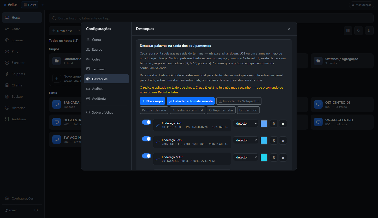 Configurações de destaques do TERMORA, com regras de detector para IP, MAC e potência óptica.