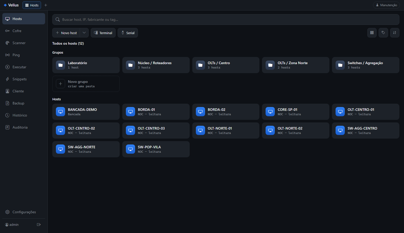 Tela de hosts do TERMORA com grupos de OLTs, roteadores e switches.